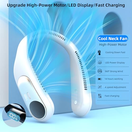Portable Neck Fan, Personal Wearable Bladeless Fan for Outdoor Indoor, LED Display, 360° Cooling, 4-Speeds, 6000mAh USB Rechargeable, Birthday Gifts for Men Women Dad Mom (White)
