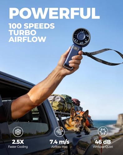 Diveblues Fanzy D6036 Portable Handheld Fan, Harbor Blue | 7.4m/s High Speed Turbo, 180° Foldable 4-in-1, Integrated Carabiner Clip, 100 Speed Stepless Control
