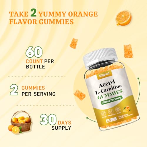 Acetyl L-Carnitine Supplement, Natural Nutrition Supplement for Boost Energy, Immunity, Vegan, Orange Flavor, 60 Count
