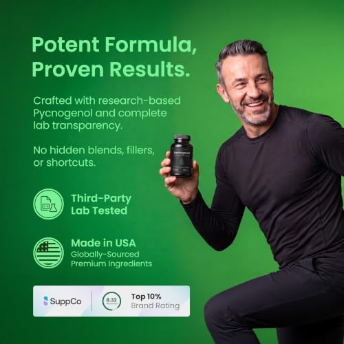 NutraChamps Pycnogenol French Maritime Pine Bark Extract, Premium Circulation Complex, Blood Flow, Nitric Oxide Production, Superior Absorption, Results with Black Pepper Extract, 60 Capsules