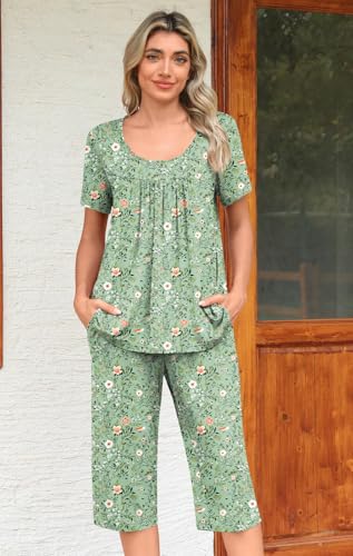 POPYOUNG Pajamas for Women Set 2 Piece Summer Lounge Capri Pj Sleepwear