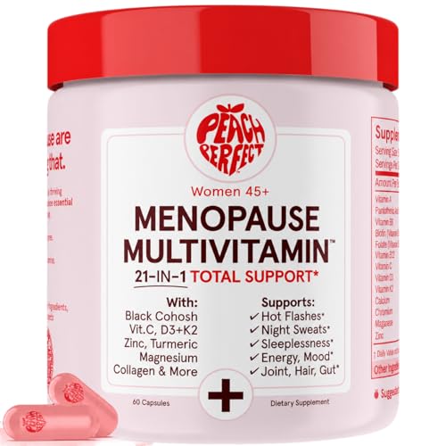Peach Perfect Menopause Multivitamin | 21 Vitamins for Women 45+ | Black Cohosh, Ashwagandha, Vitamin D3+K2, Probiotics & Collagen | Support for Hot Flashes, Mood Swings, Joint & Skin Health | 30 SVG