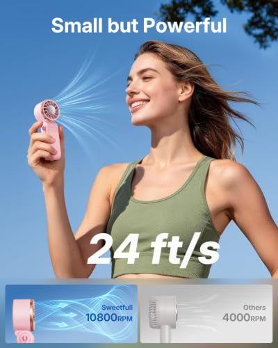 SWEETFULL Mini Portable Fan with Ice Cooling, Lightweight Handheld Pocket Turbo Fan Rechargeable, 3 Speed, Foldable Personal Hand Fan for Travel, Beach Vacation, Women Girls (Pink)