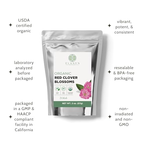 Organic Red Clover Blossoms 2 oz. (57g), USDA Certified Organic Red Clover Blossom Tea, Whole