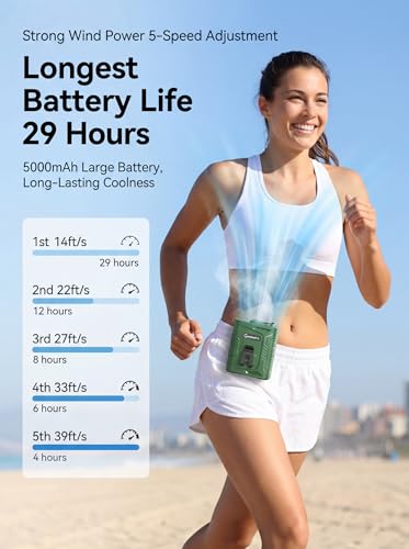 Waist Clip Fan - 5000mAh Rechargeable Portable Personal Fan, 39ft/s Ultra-Strong Wind, 29H Runtime, 5 Speeds, LED & SOS Light, for Outdoor, Camping, Hiking, Construction