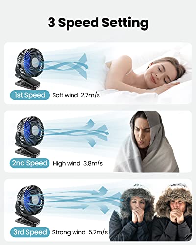 Gaiatop Portable Clip on Fan, Mini Personal Quiet Rechargeable Fan | Battery Operated, Small 3 Speed 360° Rotate, Cooling for Desk Table Home Office Stroller Camping Women Gifts Black Blue