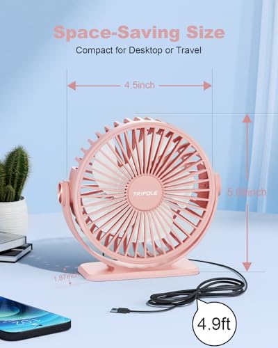 TriPole USB Desk Fan Small Portable, 360° Rotation Quiet Mini Personal Fan | Pink, 3 Speeds Plug In USB Fan, Desk Fans Small Quiet, 4.9ft Cable, Strong Breeze for Desktop Bedroom Office Table Travel