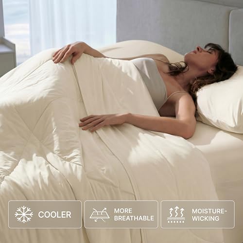 Cooling Comforter Blanket - BlendTek Q-Max>0.46 Tech, Cooling Blanket for Hot Sleepers & Night Sweats Relief, Breathable Lightweight Summer Bedding, Queen 96x96 Inches, Ivory