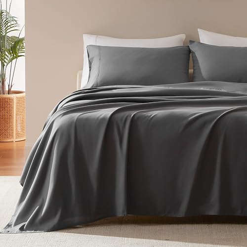 SLEEP ZONE Nanotex Süper Yumuşak Serinletici Kraliçe Boy Yatak Çarşaf Seti 4 Parça - Kolay Bakım Lastikli Çarşaf ve Yastık Kılıfı Seti - Kırışmaz, Solmaya Dayanıklı, Derin Cepli 40 cm (Gri, Kraliçe Boy)