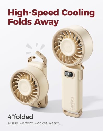 Diveblues Portable Handheld Fan D6036 Cream | 7.4m/s High Speed Turbo, 180° Foldable 4-in-1, Personal Neck Fan with Carabiner Clip, 100 Speed Stepless Control