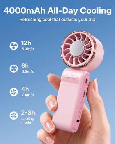 SWEETFULL Mini Portable Fan with Ice Cooling, Lightweight Handheld Pocket Turbo Fan Rechargeable, 3 Speed, Foldable Personal Hand Fan for Travel, Beach Vacation, Women Girls (Pink)