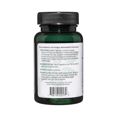 Vitanica Peri/Meno Ease - for Perimenopause and Menopause Symptoms - Hot Flash Relief with Clinically Studied Siberian Rhubarb Extract - Supports Sleep and Stress with Ashwagandha - Vegan - 30 Caps