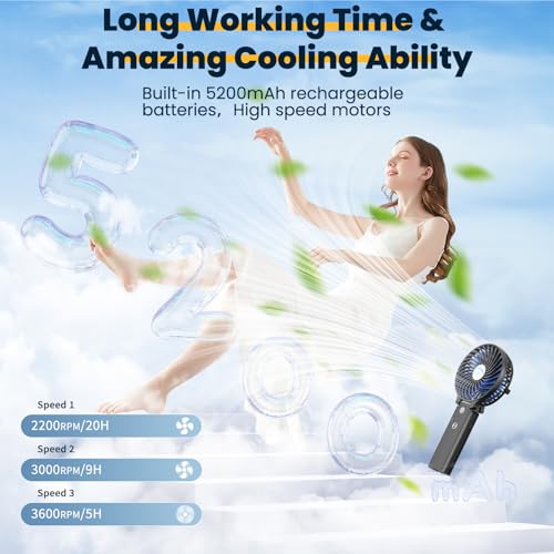 HandFan 5200mAh Portable Handheld Fan Rechargeable - 3 Speeds Foldable Personal Cooling, 2-IN-1 Hand Held Fan Battery Operated, 20H Runtime for Disney/Travel/Summer/Concerts/Women (Black&Blue)