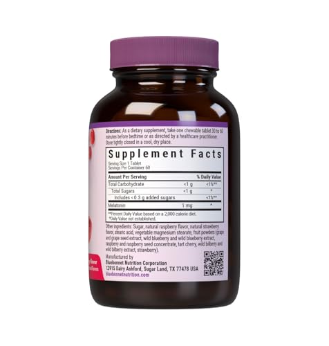Bluebonnet EarthSweet Melatonin 1mg Chewable Tablets, Raspberry, 60ct