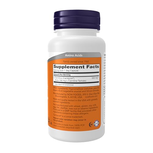 NOW Supplements, L-Carnitine 500mg, Purest Form, Amino Acid, 60 Veg Caps