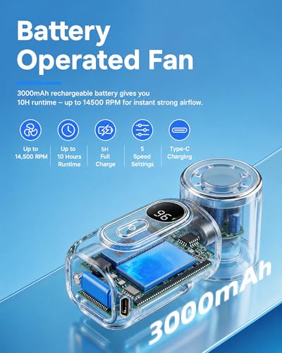 Mini Clip on Fan Handheld, 3000mAh Rechargeable Portable Fan with LED Display, 3-in-1 Personal Cooling Fan, 4 Speeds Quiet USB C Fan for Stroller Desk Travel Camping Office for Women Men Kids, Black