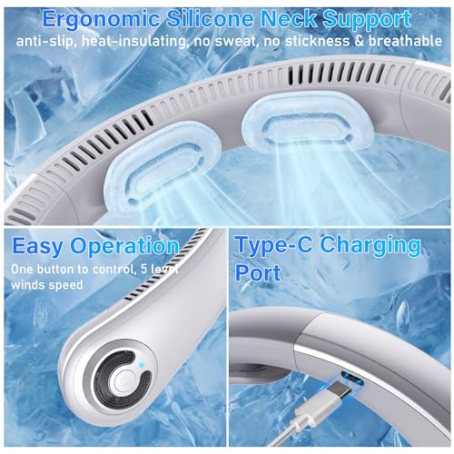 5000mAh Portable Neck Fan, [16H Long Lasting] Bladeless Personal Fan, 5 Speeds Wearable Fan for Neck, Ultra Quiet Rechargeable Cooling Fan for Travel, Outdoor, Hot Flashes, Golf, Office