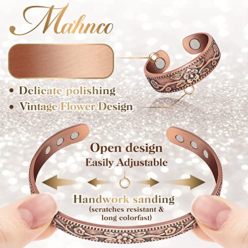 Mahnco Copper Bracelet for Women Pure Copper Magnetic Bracelet Jewelry Gift | 100% Pure Copper Cuff Bangle & Lymph Detox Ring with 3500 Gauss Magnets, Adjustable, Vintage Flower
