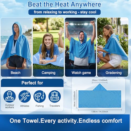 Large Hoodie Cooling Towels Instant Heat Relief Dual Layer Ice Towel | Wearable Cooling Shawl, Sun Proection Long-Lasting Cool for Yoga,Yard work Camping Beach & Summer Activities (55*25inch)