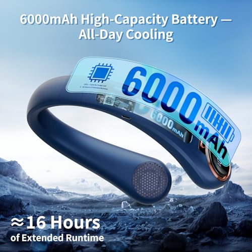 BNBZ Portable Neck Fan, 6000mAh Rechargeable Fan Blows Cold Air with LED Display, 4 Speeds, 20H Runtime, Quiet Wearable 360° Personal Cooling Fan for Outdoor Travel Work Gym,Fireplace Fans-Blue