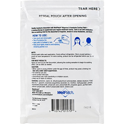 WellPatch Migraine & Headache Cooling Patch - Drug Free, Lasts Up to 12 Hours, Safe to Use with Medication - Large Patches (4 Packs of 4 Patches), Each 4.3 x 2 in