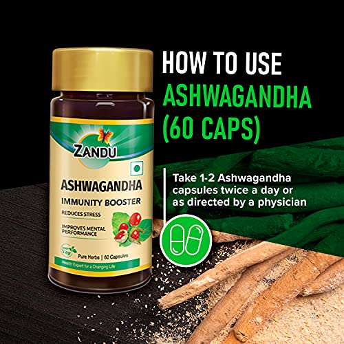 Zandu Ashwagandha Capsules (120 veg caps), Formulated with Pure Extracts of Ashwagandha, Immunity Booster, For Natural Body Strength, Stress Buster (Pack of 60 x 2)