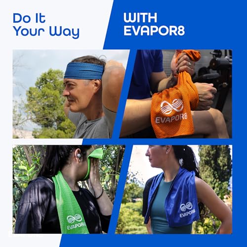 Evapor8 Cooling Towels with 2 Silicone Cases, 4 Pack, UPF 50 | Neck and face towel, snap-activated fabric for extreme heat, gym workouts, running, hiking, travel and beach days, 40” x 12”