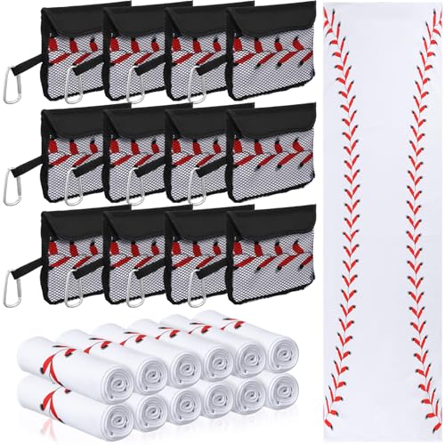 Moukeren 12 Pcs Cooling Towel with Mesh Storage Bag and D Ring Hook, 40" x 12" Soft Breathable Chilly Microfiber Sport Towels for Yoga Running Gym Workout Sport Party Favors Team Gift (Baseball)
