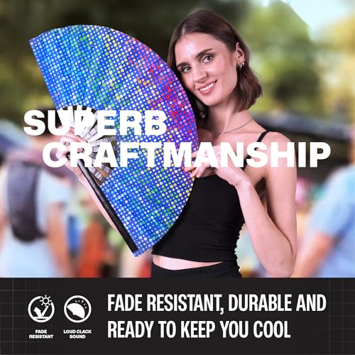 SoJourner Bags Rainbow Lights Rave Fan - Large Folding Clack Fan for Men and Women - Rave Accessories for EDM, Line Dancing, Cosplay, Concerts and More