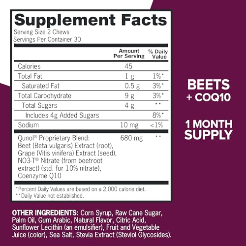 Qunol 3-in-1 Beet Roots Chews with CoQ10, Blood Pressure Support, 60ct