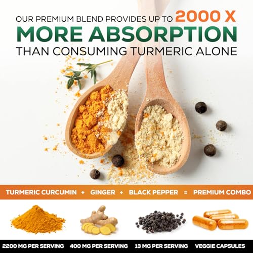 Turmeric Curcumin Supplement 2600mg with Organic Turmeric & Ginger - 95% Curcuminoids & BioPerine Black Pepper Extract for Best Absorption - Natural Vegan Joint Support, Bottled in USA - 60 Capsules