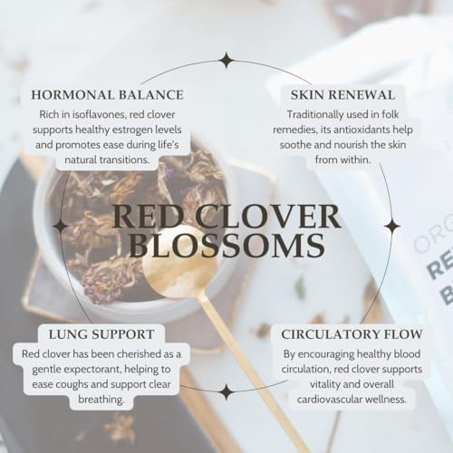 Organic Red Clover Blossoms 2 oz. (57g), USDA Certified Organic Red Clover Blossom Tea, Whole