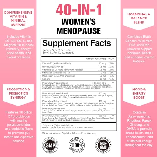 40-in-1 Menopause Supplements for Women, Multibenefit & Complete Black Cohosh for Hot Flashes, Night Sweats & Hormone Balance, w/ Probiotics, DIM, Vitex, Dong Quai, Red Clover and More, 120 Vegan Caps