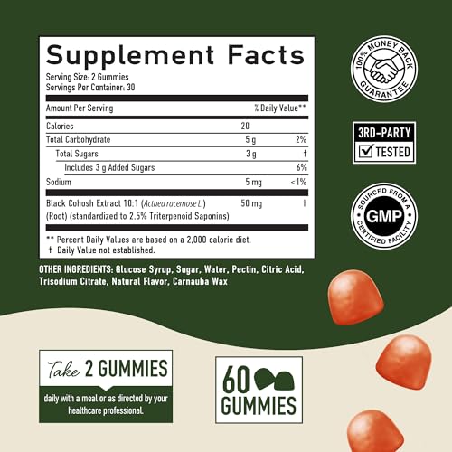 Black Cohosh Gummies, Menopause Relief, Hot Flashes & Night Sweats Support | 50mg Black Cohosh Root for Women, Gluten-Free, Vegetarian, Non-GMO, Hormone Balance Support, Tasty Peach Flavor, 60 Gummies