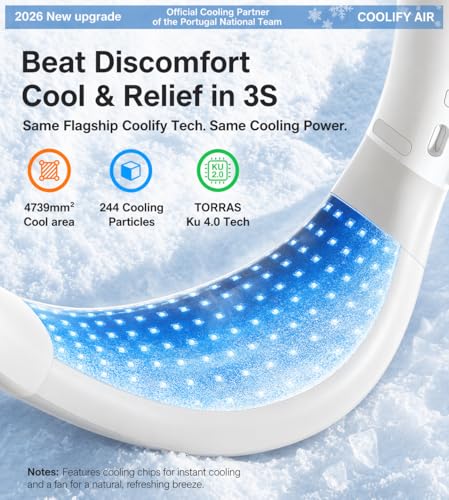 TORRAS COOLiFY Air 2026 Upgraded Neck Fan Air Conditioner, Dual-Airflow Pro Cooling, Ultra Light Portable Fan Rechargeable, Personal Cooling Fan Travel Essentials, Gift for Dad Father,Ivory White