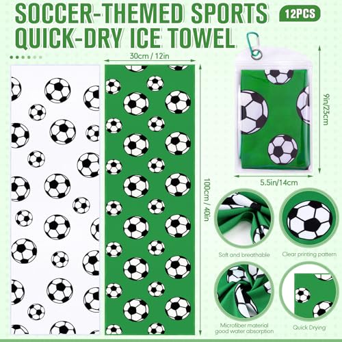 12 Set Soccer Cooling Towels with Pouch 40x12 Inch Microfiber | Ice Towel for Team Gifts and Party Favors, Bulk Pack with Storage Pouch, Quick Dry for Athletes and Outdoor Sports