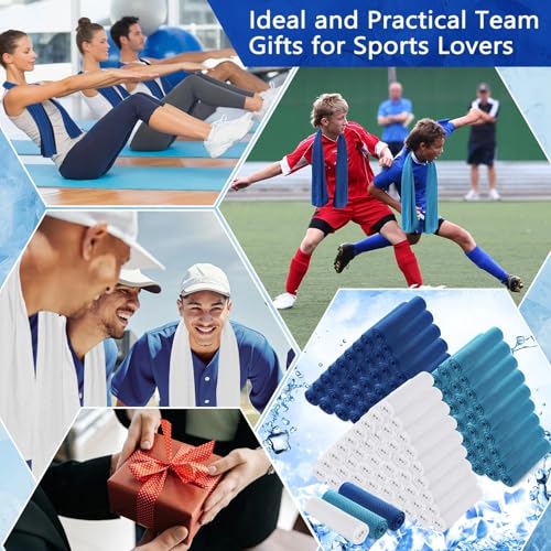 Hosuly 150 Pack Cooling Towels Bulk 40 x 12 Inch Large Chilly Breathable Sweat Sports Cold Towels Sublimation Microfiber Ice Neck Rag for Hot Weather Workout Gym Team Gift (Dark Blue,Light Blue,White)