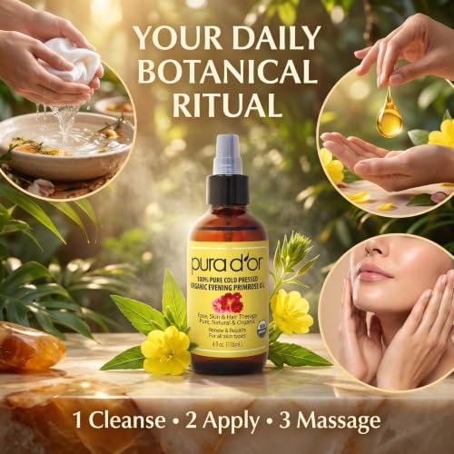 PURA D'OR Organic Evening Primrose Oil 100% Pure Cold Pressed w/Essential Fatty Acids & Antioxidant Rich - Moisturizes, Rejuvenates, Renews & Restores - Skin, Hair & Face 4 Oz Ayurvedic Skin Care
