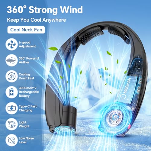 Portable Neck Fan, 6000mAh Rechargeable Personal Fan, 6 Speeds Hands Free Wearable Fan with 360° Surround Airflow, Ideal for Travel, Office, Sports, Home - Gifts for Men Women Dad Mom