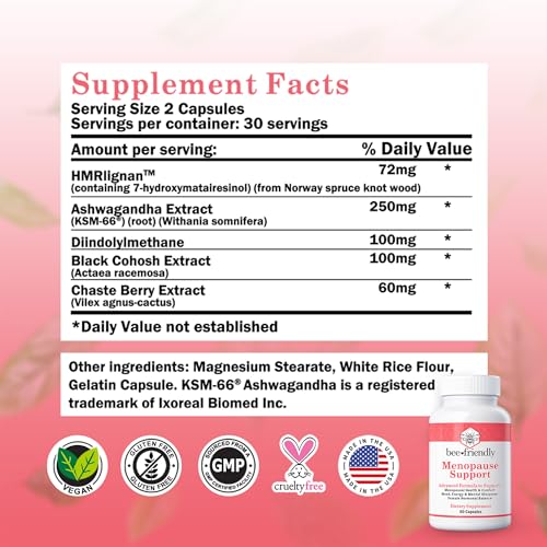 BeeFriendly® Menopause Supplements for Women, 60 Premium Capsules | Relief of Hot Flashes & Night Sweats, DIM, Black Cohosh, Ashwagandha KSM-66, Hormonal Balance Support