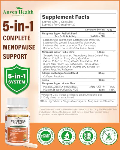 Menopause Supplements for Women 100 Billion CFU, Vitamin D3 B6 | Vitamin D3 & B6, 100B Probiotics, Black Cohosh & Herbs, Collagen, Hot Flashes & Night Sweats Relief, pH Balance