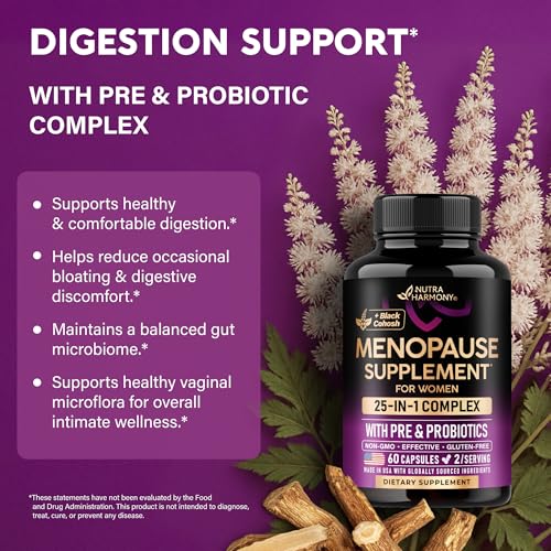Menopause Supplements for Women - Black Cohosh, Pre & Probiotics - 60 Caps | Sweats & Hot Flashes Relief - Digestion, Sleep & Mood Support - 25in1 Complex - Dong Quai, Red Clover & Vitamins - Lab Tested