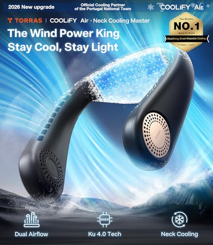 TORRAS COOLiFY Air 2026 Upgraded Neck Fan Air Conditioner, Dual-Airflow Pro Cooling, Ultra Light Portable Fan Rechargeable, Personal Cooling Fan Travel Essentials, Gift for Dad Husband Father, Black