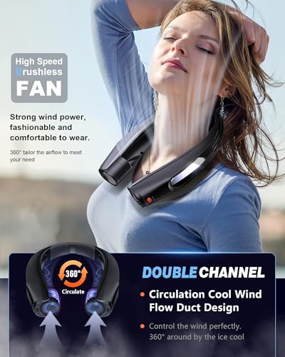 ZEEFO Portable Neck Fan, Hands Free Personal Fan- 6000mAh Battery Operated, USB Rechargeable Fan with 6 Adjustable Speeds, Cooling Wearable Fan for Home, Office, Outdoor, Trave-Black