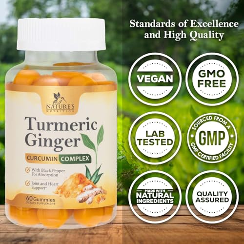 Turmeric Curcumin Supplement Gummies - 95% Curcuminoids with Turmeric & Ginger, Black Pepper for Best Absorption, Nature's Vegan Joint Support Gummy, Gluten Free, Tasty Peach Flavor - 60 Gummies
