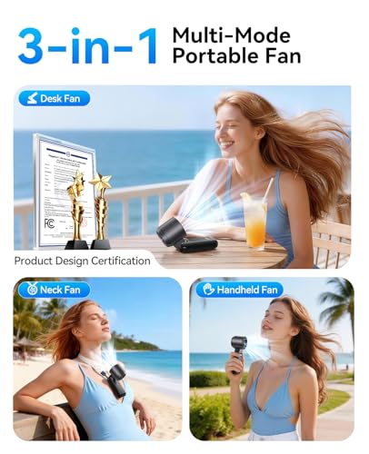 KIMMOO 3-in-1 Portable Handheld Turbo Fan-100 Speeds,Powerful 20000 RPM, 12Hrs Cooling, LED Display, 120° Rotation, USB Rechargeable Mini Hand Held Personal Fan for Travel Makeup Outdoor Indoor, Black