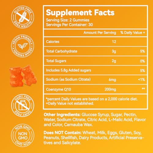 CoQ10 Gummies 200mg, Vegan Supplement for Adults (60 Gummies)