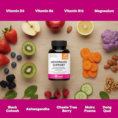 Menopause Support Supplements for Women, Black Cohosh Ashwagandha 60 Count | Vitamins D3, B6, B12, Magnesium, Dong Quai, Chaste Tree Berry, Gluten-Free Capsules, Made In USA Supplement By Sandhu's