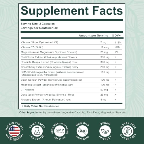 PurePremium Menopause Supplements for Women with KSM-66® Ashwagandha | Rhubarb Extract & Black Cohosh - Hot Flashes, Night Sweats, Perimenopause Support - Hormone Balance & Cortisol Support - 60ct