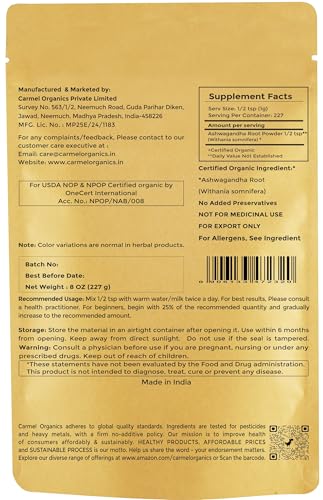 CARMEL ORGANICS Organic Ashwagandha Root Powder 8 Ounce